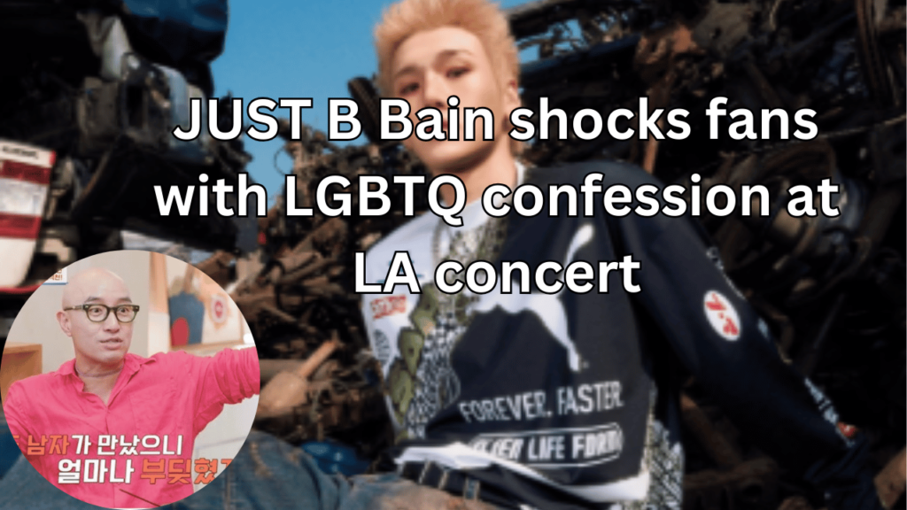 This contains the text JUST B Bain shocks fans with LGBTQ confession at LA concert and an image of JUST B Bain and LGBTQ announcement in a circle.