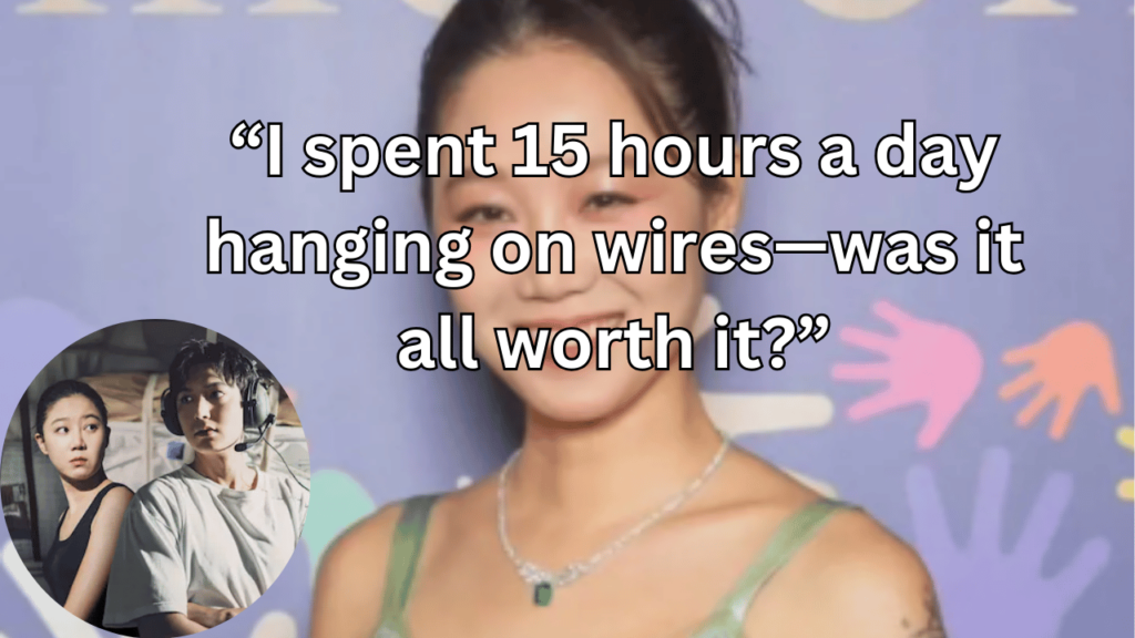 This contains the text “I spent 15 hours a day hanging on wires—was it all worth it?” and an image of Actress Gong Hyo Jin and When the Stars Gossip drama poster in a circle.