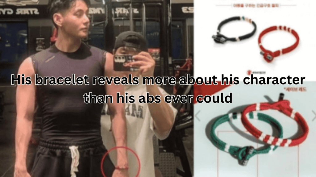 This contains an iamge of BTS V and another image of a braclet