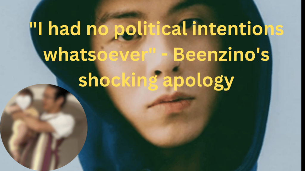 This contains the text "I had no political intentions whatsoever" - Beenzino's shocking apology and an image of Beenzino and a blurred image in a circle.