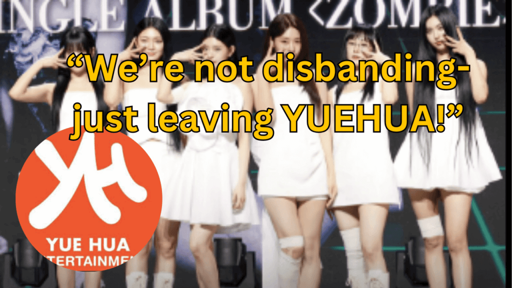 This contains the text “We’re not disbanding-just leaving YUEHUA!” and an image of EVERGLOW and YUEHUA entertainment logo in a circle.