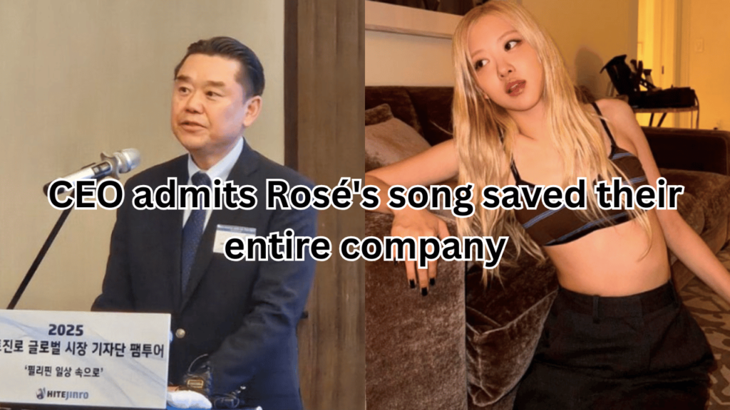 The contains an image of the CEO of Hite Jinro, Kim In-gyu and BLACKPINK Rose