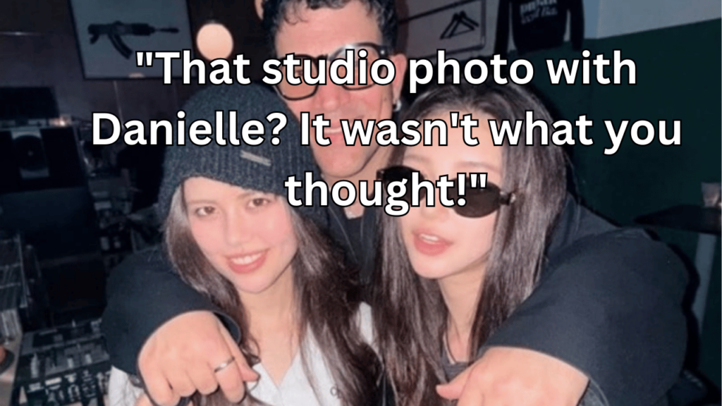 This contains the text "That studio photo with Danielle? It wasn't what you thought!" and an image of NewJeans Danielle collaboration with Emotional Oranges.