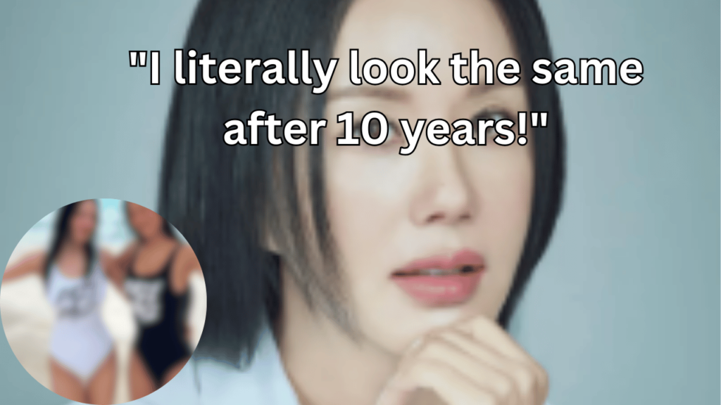 This contains the text "I literally look the same after 10 years!"and an image of Uhm Jung Hwa and a blurred image in a circle.
