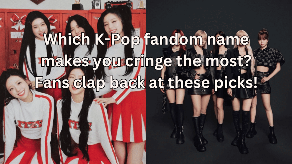 This contains the text Which K-Pop fandom name makes you cringe the most? Fans clap back at these picks! and an image of ITZY and LE SERAFIM kpop girl group Members.