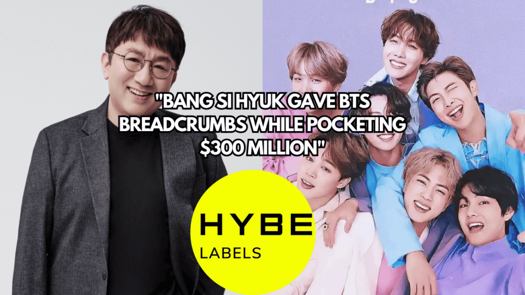 A picture of Hybe chairman Bang Si-hyuk and A picture of BTS Members and also A picture of HYBE LABELS in a circle