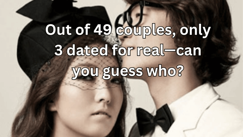 This contains the text Out of 49 couples, only 3 dated for real—can you guess who? and an image of Jo Jung Chi and Jung In.