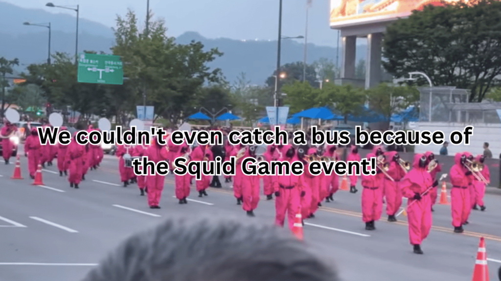 This contains an image of Squid Game Seoul parade