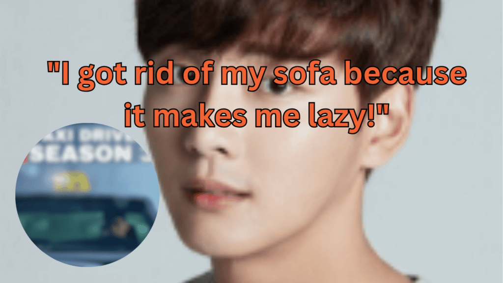 This contains the text "I got rid of my sofa because it makes me lazy!"and an image of Yoon Si Yoon and a blurred image in a circle.