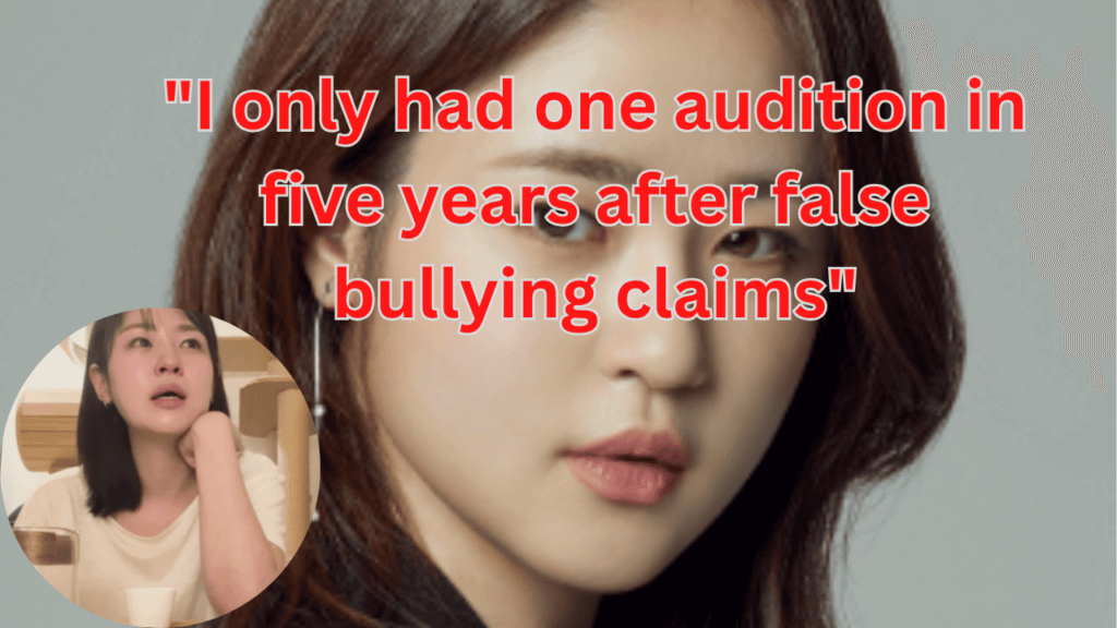 This contains the text "I only had one audition in five years after false bullying claims" and an image of Shim Eun Woo and her Opening Up About Her 5 Year Break in a circle.